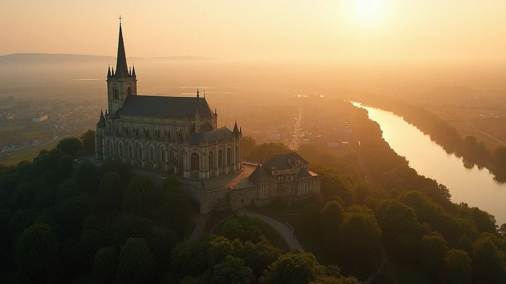 Luftaufnahme von Saint-Lô mit der Kathedrale Notre-Dame und dem Vire-Tal zur goldenen Stunde in der Normandie