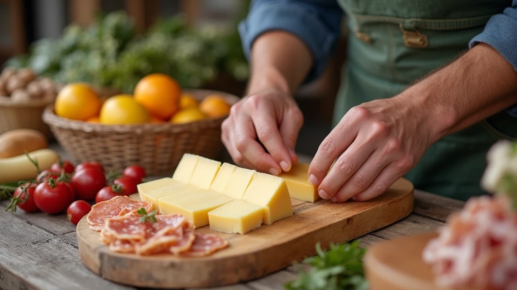 Artisanale Haende arrangieren normannische Kaese und Charcuterie auf einem Markt in Saint-Lô