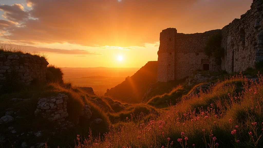Goldene Stunde an den historischen Stadtmauern von Saint-Lô mit wilden Blumen und dramatischem Licht