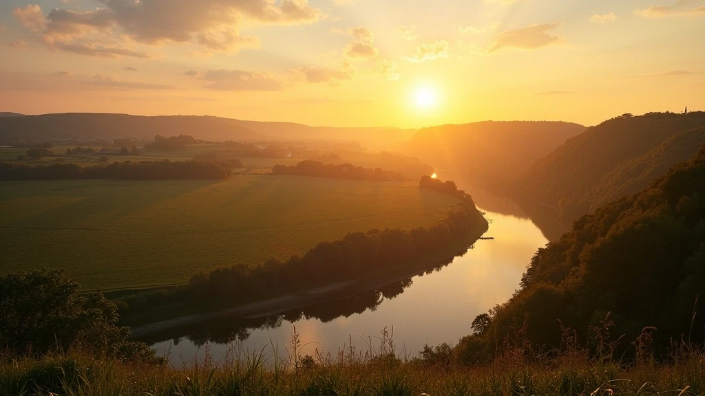 Panoramablick auf den Vire-Fluss bei Sonnenuntergang in der Normandie mit Saint-Lô im Hintergrund