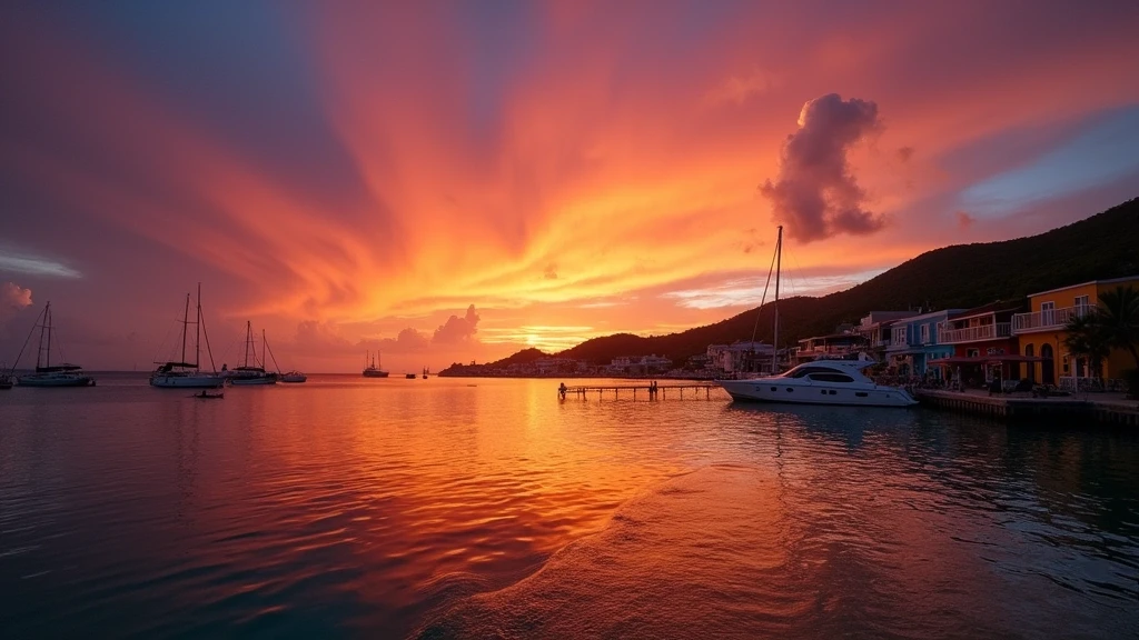 Dramatischer Sonnenuntergang über der Grand Case Bay in Saint Martin mit Spiegelungen im Wasser