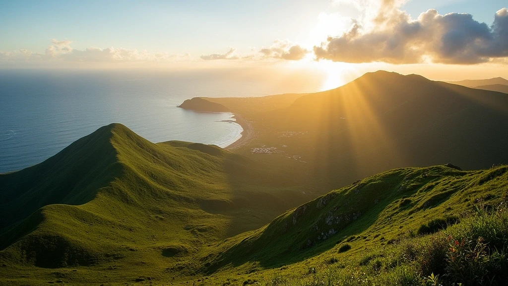 Panoramablick vom Pic Paradis auf Saint Martin während der goldenen Stunde mit üppigen Hügeln