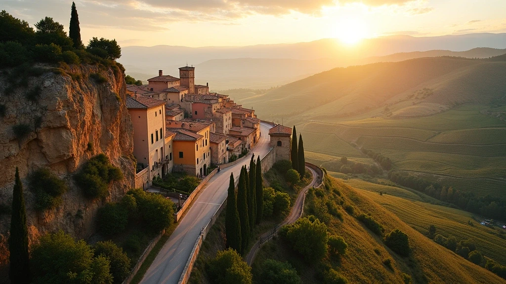 Luftaufnahme der ockerfarbenen Felsen und mittelalterlichen Dächer von Saint-Saturnin-lès-Apt zur goldenen Stunde