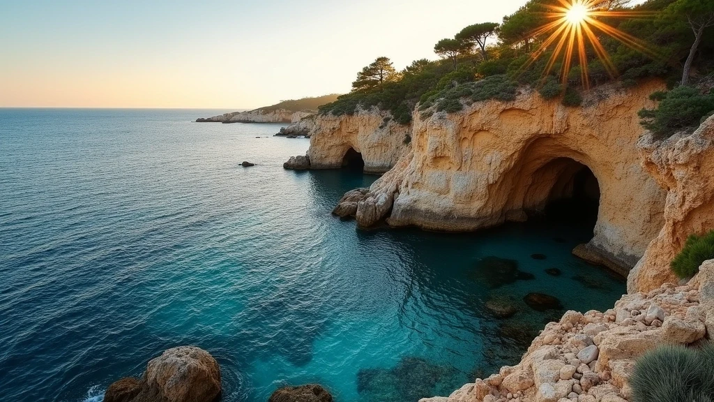 Goldene Stunde an der Kueste von Cap Camarat in Saint-Tropez mit Felsen und Pinien
