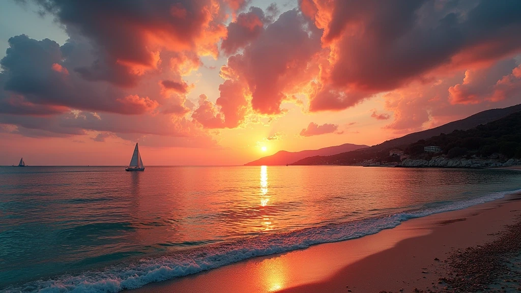 Sonnenuntergang am Mittelmeer in Saint-Tropez mit dramatischem Himmel und Segelbooten