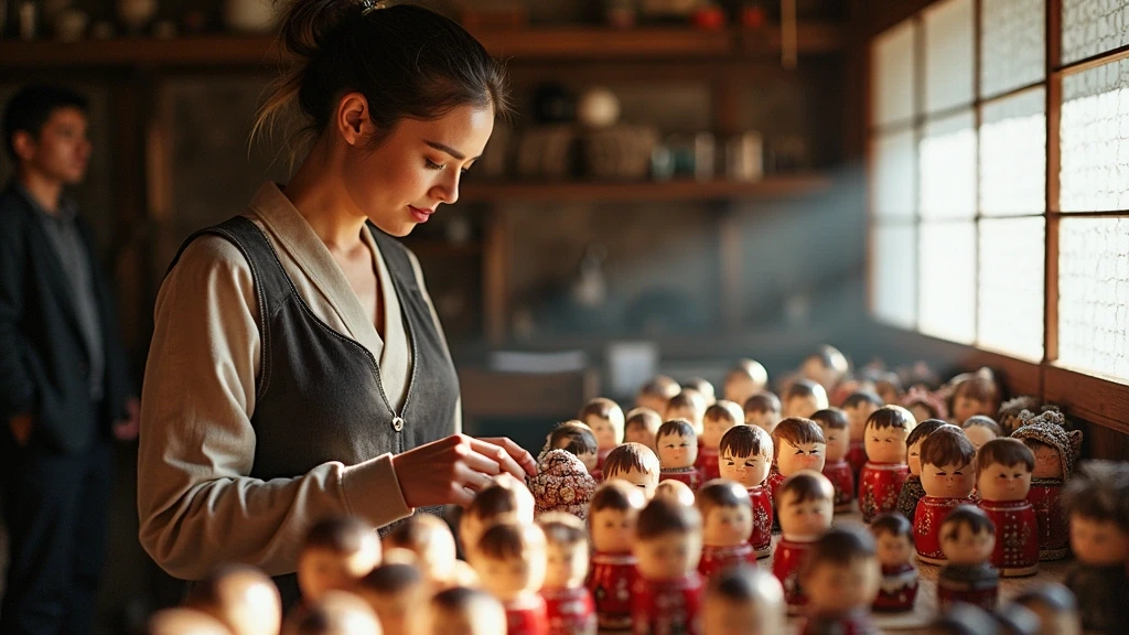 Reisende betrachtet handgefertigte Kokeshi Puppen in einer Kunsthandwerkswerkstatt in Sakurajima, Japan