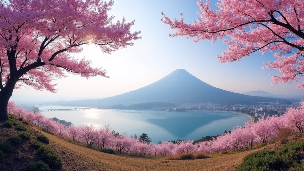 Panoramablick auf den Sakurajima Vulkan von Nagisa Park aus mit Kirschblueten im Vordergrund