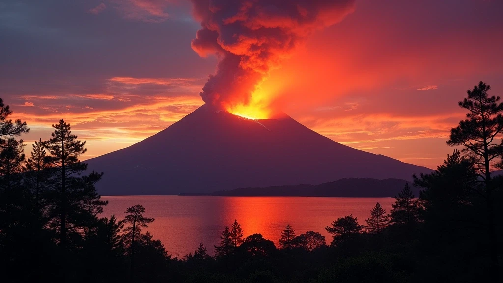 Sonnenuntergang ueber dem rauchenden Krater des Sakurajima Vulkans in Japan mit dramatischem Himmel