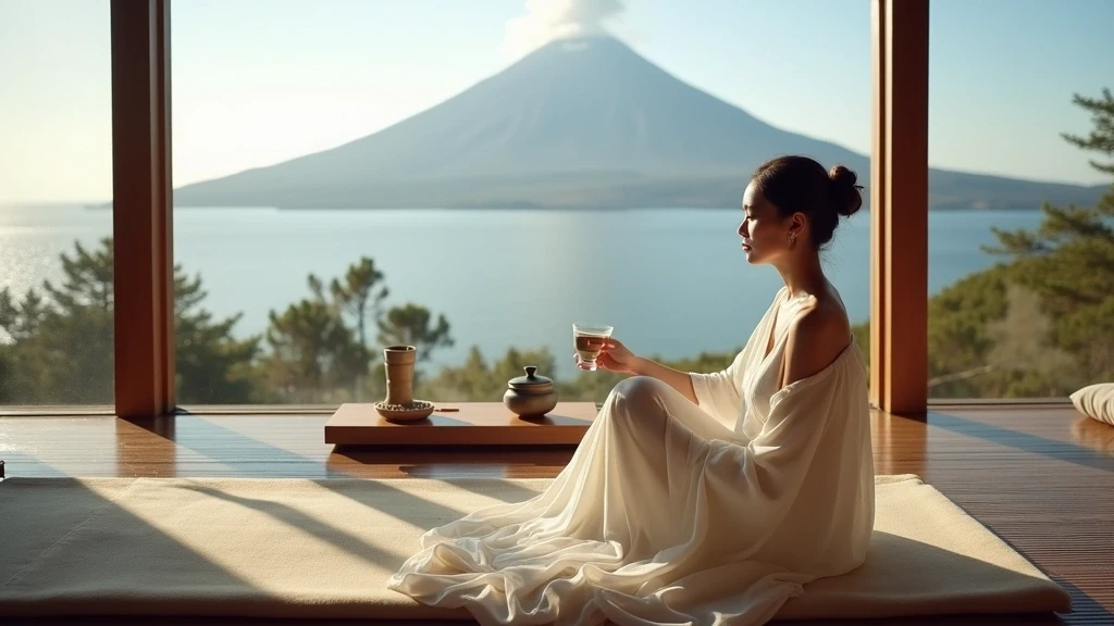 Elegante Frau in weissem Kleid bei japanischer Teezeremonie mit Blick auf den Sakurajima Vulkan