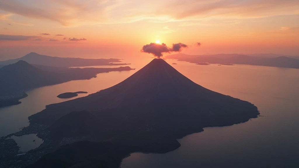 Dramatische Luftaufnahme des aktiven Vulkans Sakurajima in Japan mit Rauchfahnen zur goldenen Stunde