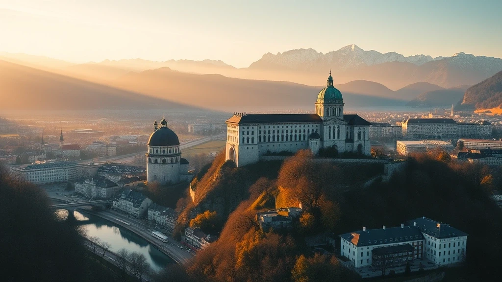 Luftaufnahme der Hohensalzburg Festung über Salzburg zur goldenen Stunde mit Alpenpanorama