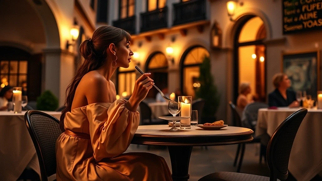 Elegante Frau geniesst Salzburger Nockerl in historischem Restauranthof in Salzburg