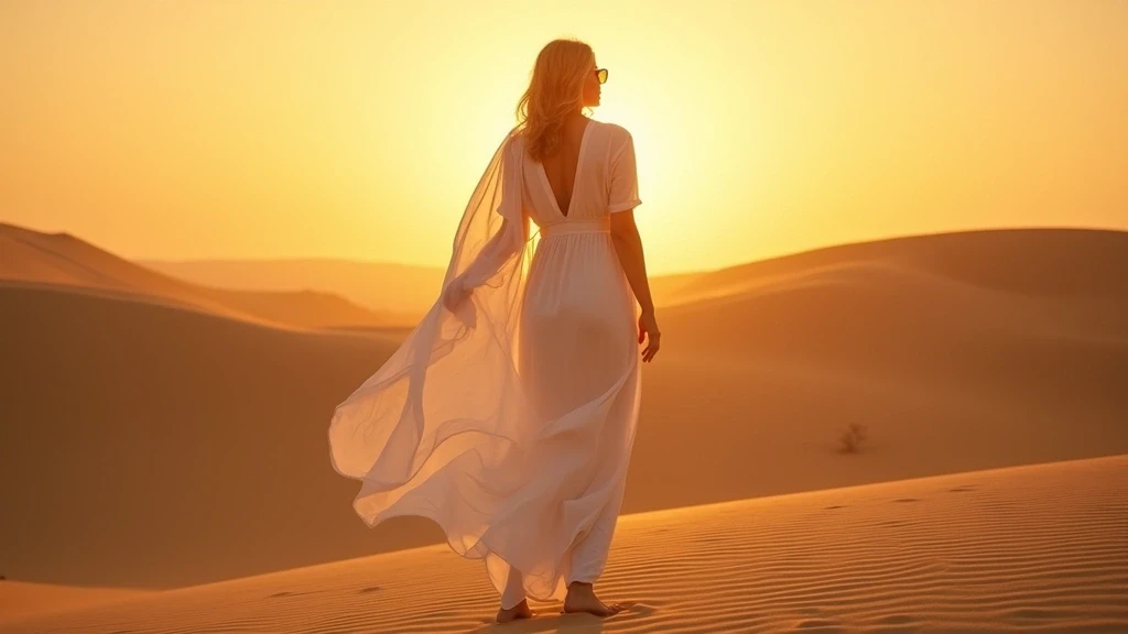 Elegante Frau im fliessenden Kleid auf Sandduenen bei Sonnenuntergang in Sama Al Wasil Desert Camp