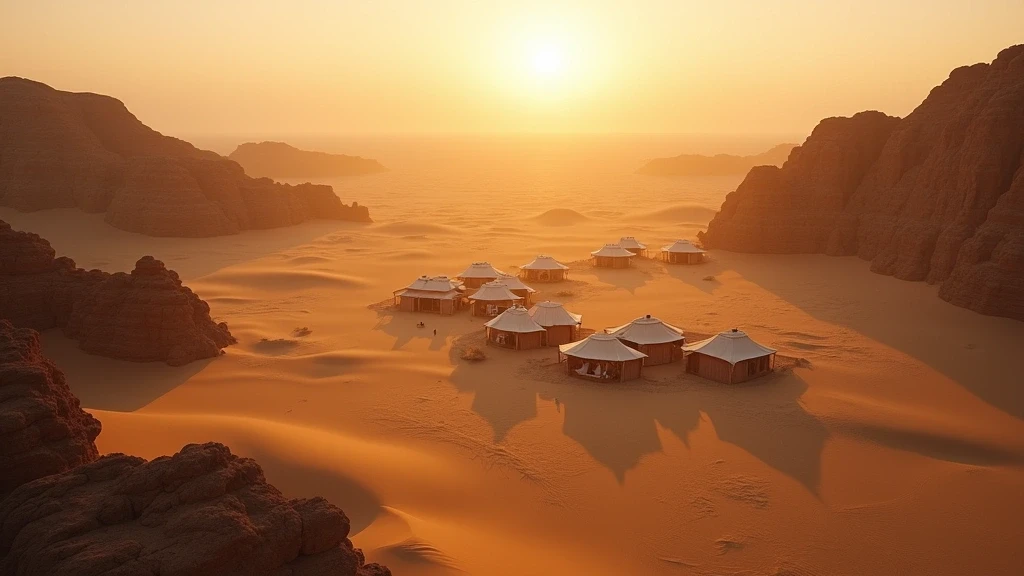 Luftaufnahme der goldenen Sandduenen und Wuestenberge bei Sama Al Wasil Desert Camp zur goldenen Stunde