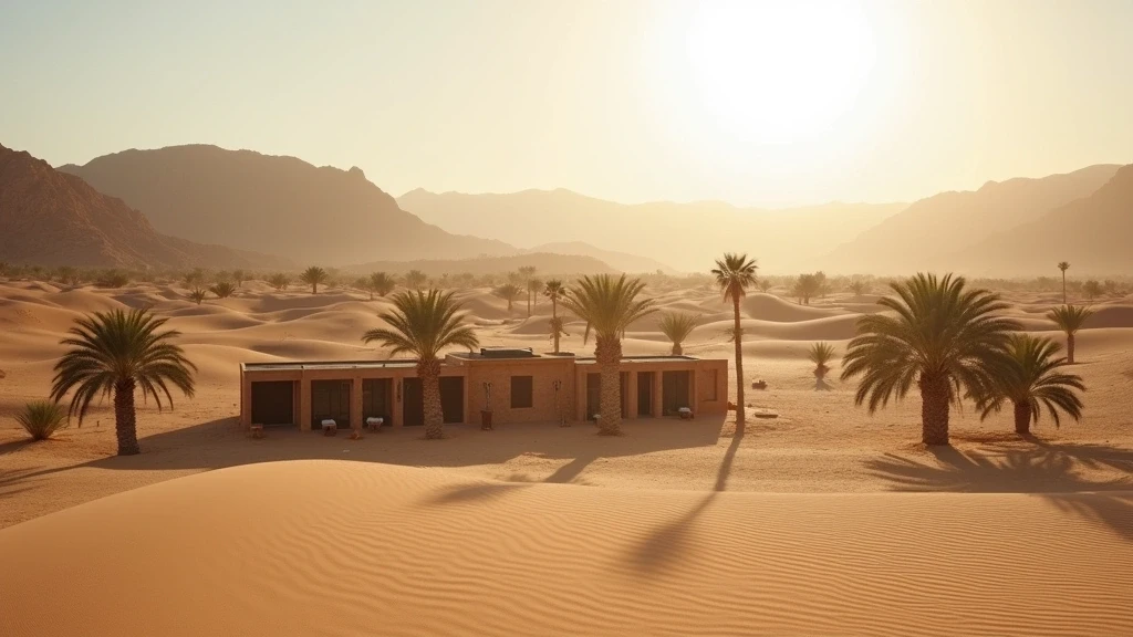Panoramablick auf Wuestenoase mit Dattelpalmen vor Bergkulisse bei Sama Al Wasil Desert Camp