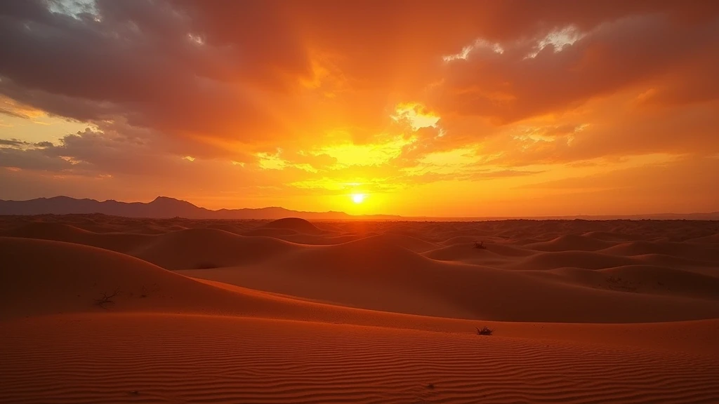 Dramatischer Sonnenuntergang ueber goldenen Sandduenen bei Sama Al Wasil Desert Camp in Oman