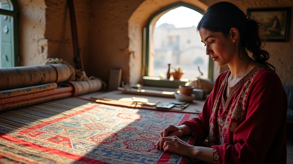Handwerkerin demonstriert traditionelle Ikat-Weberei in Samarkand Werkstatt