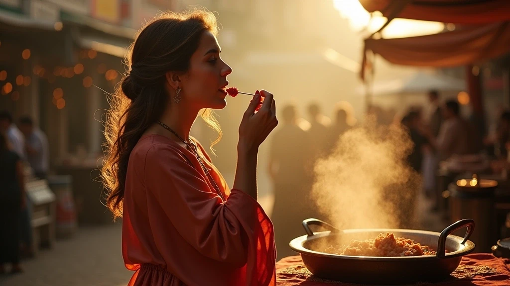 Elegante Frau probiert traditionelles Plov auf Markt in Samarkand zur goldenen Stunde