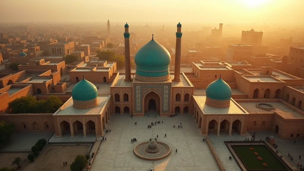 Luftaufnahme des Registan-Platzes in Samarkand zur goldenen Stunde mit blauen Kuppeln