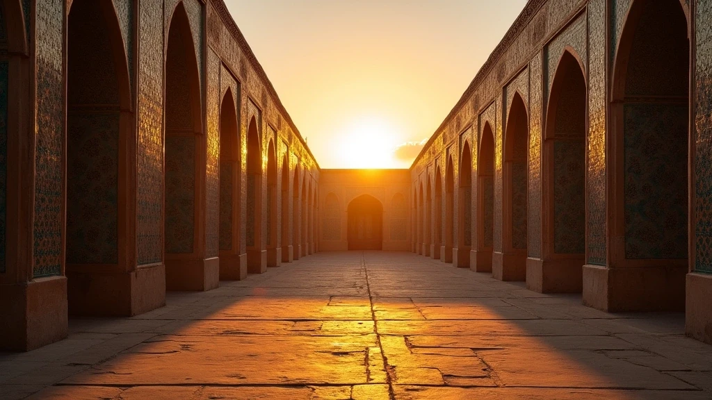 Sonnenuntergang ueber der Shah-i-Zinda-Nekropole in Samarkand mit blauen Fliesen