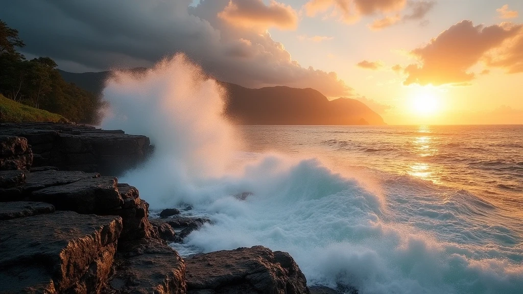Panoramablick auf Alofaaga Blowholes in Samoa mit Wasserfontaenen zur goldenen Stunde