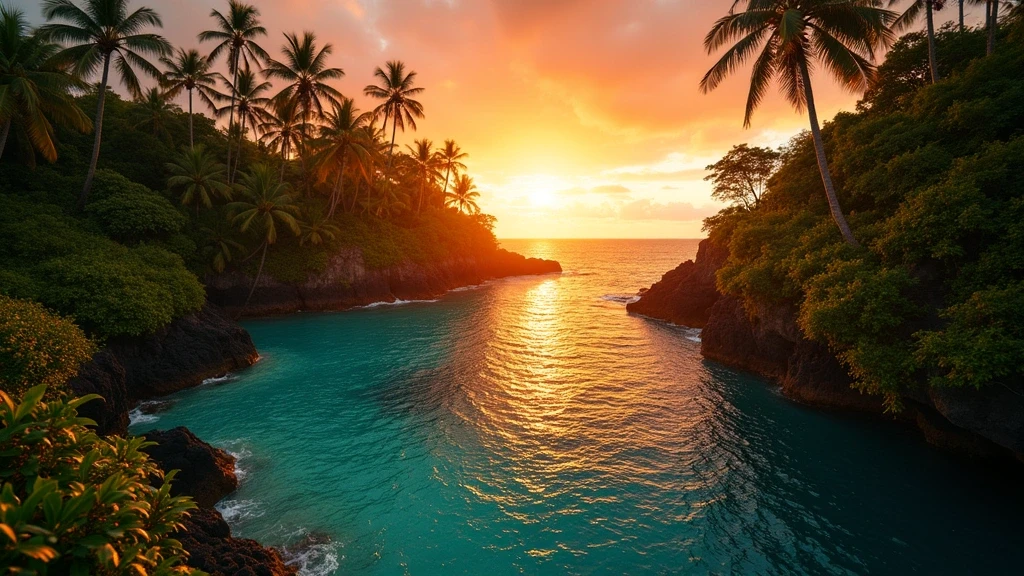 Sonnenuntergang am To Sua Ocean Trench in Samoa mit goldenem Licht auf tuerkisem Wasser