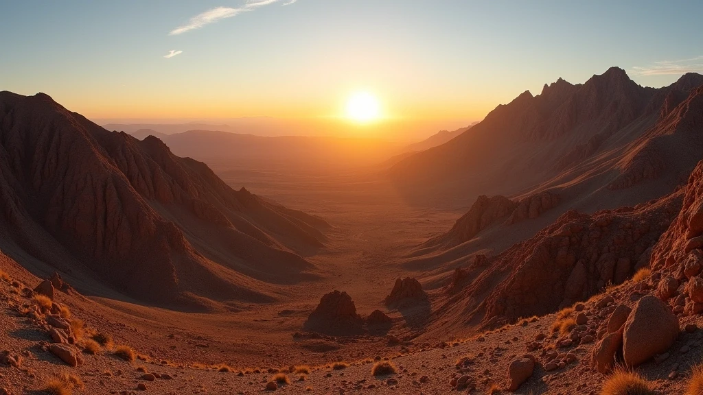 Panorama-Sonnenuntergang hinter den Berggipfeln von San Bartolo, Chile