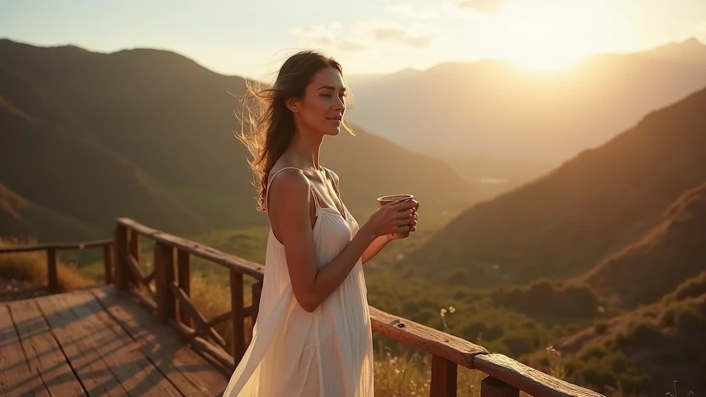 Elegante Reisende geniesst Tee mit Blick auf das Tal von San Bartolo, Chile