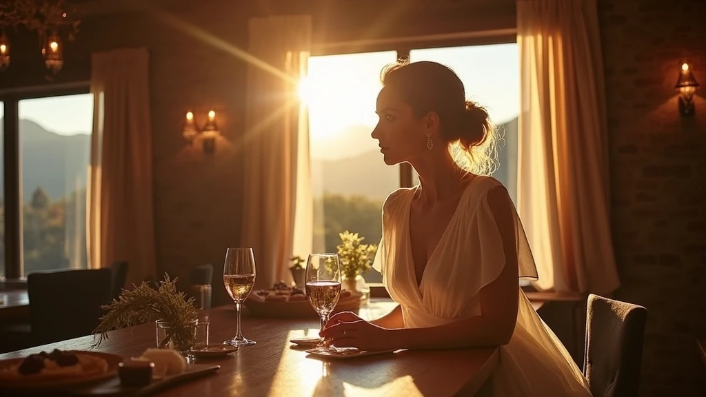 Elegante Frau geniesst Schokoladenverkostung in Bariloche zur goldenen Stunde