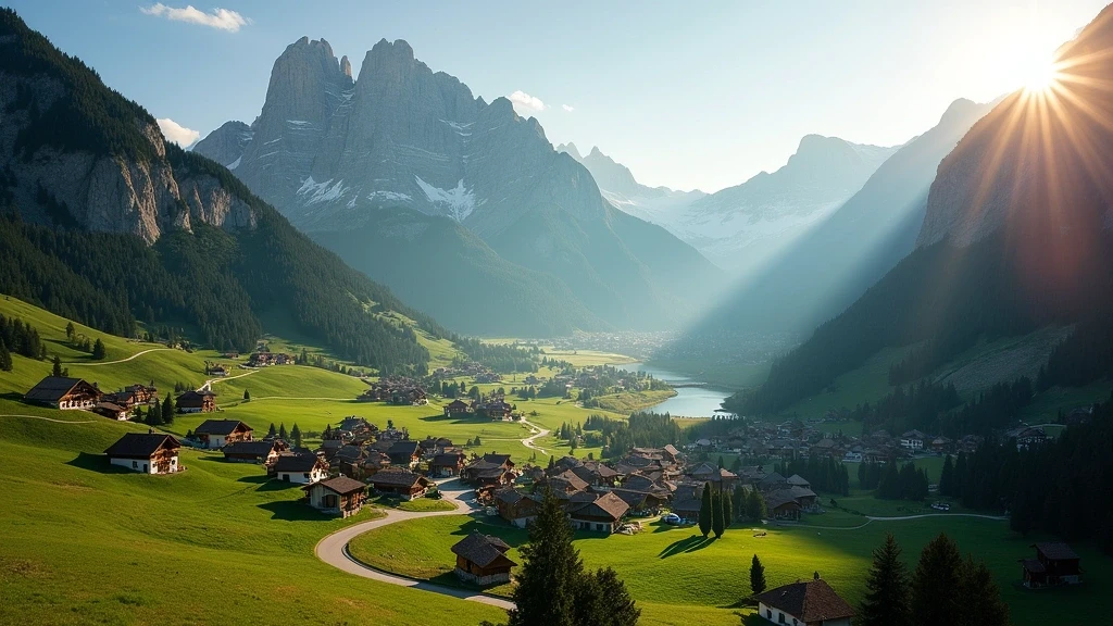 Luftaufnahme der Dolomiten und des Dorfes San Cassiano zur goldenen Stunde in Italien