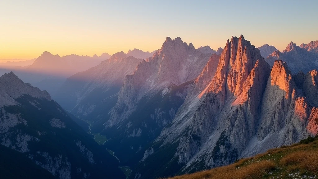 Panoramablick auf den Naturpark Puez-Odle bei Sonnenuntergang in San Cassiano, Italien