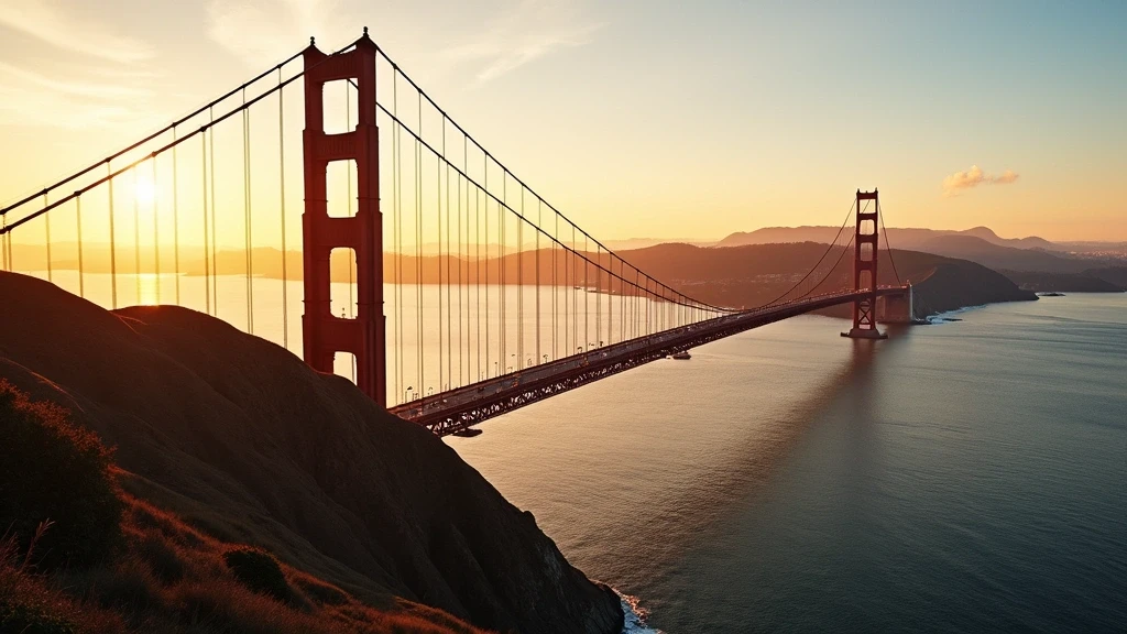 Luftaufnahme der Golden Gate Bridge und San Francisco Skyline zur goldenen Stunde