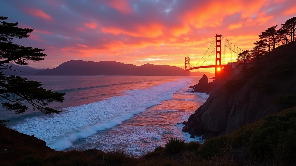 Sonnenuntergang am Lands End mit Golden Gate Bridge Silhouette in San Francisco