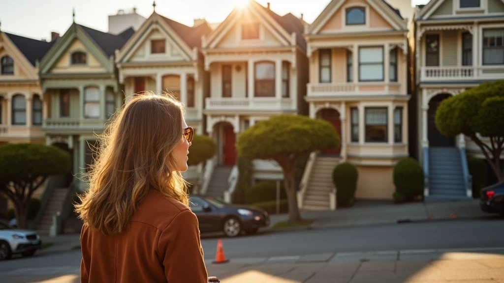 Reisende bewundert viktorianische Architektur der Painted Ladies in San Francisco