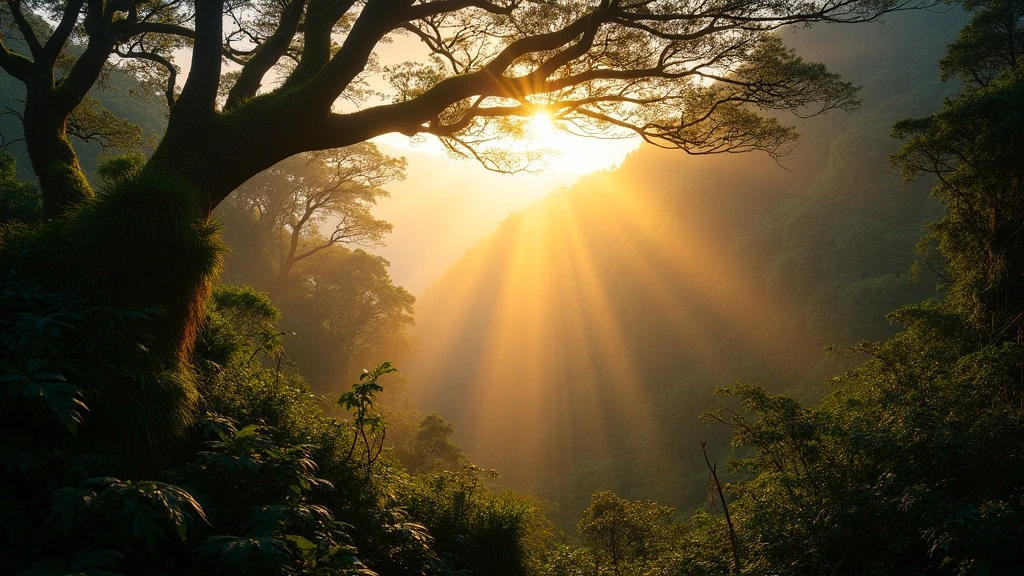 Sonnenaufgang im Los Quetzales Nationalpark in San Gerardo de Dota mit Lichtstrahlen im Nebelwald