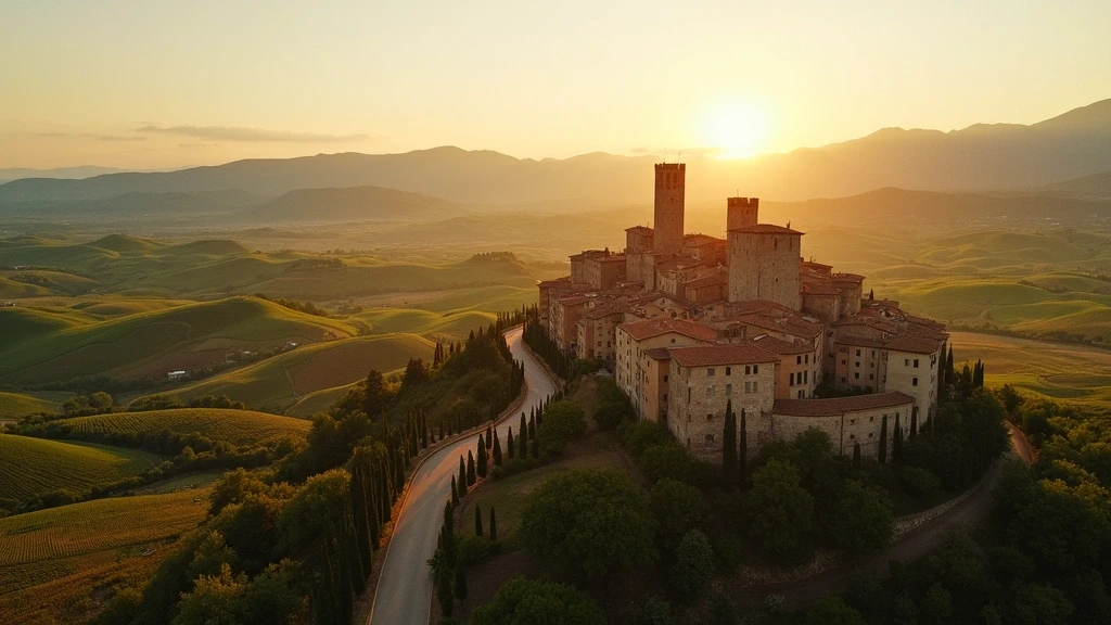 Luftaufnahme der mittelalterlichen Tuerme von San Gimignano in der Toskana zur goldenen Stunde