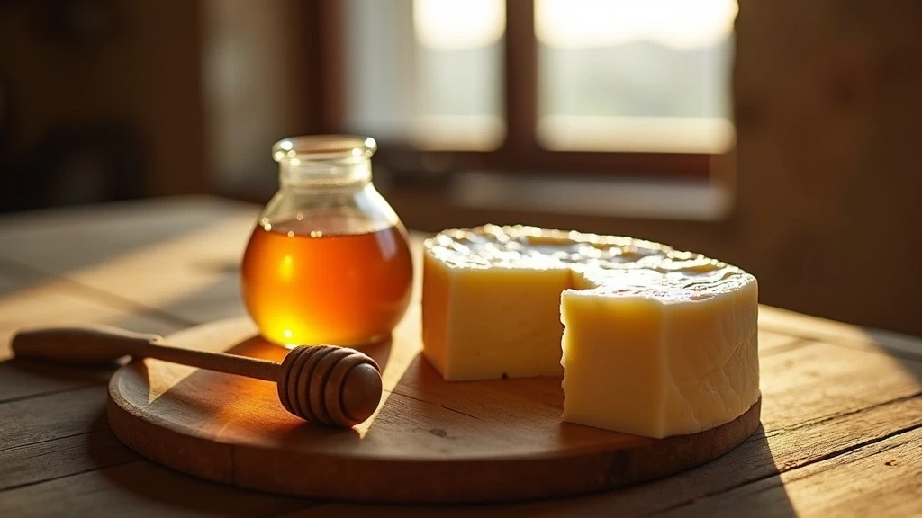 Nahaufnahme von Pecorino-Kaese und lokalem Honig in San Gimignano, Toskana