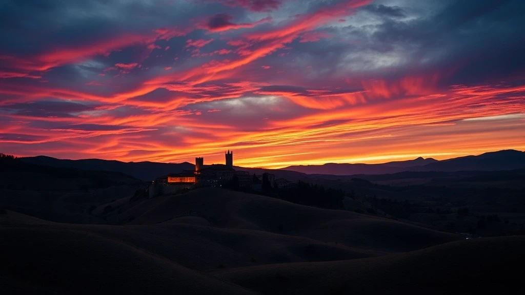 Sonnenuntergang ueber den toskanischen Huegeln mit Silhouette von San Gimignano