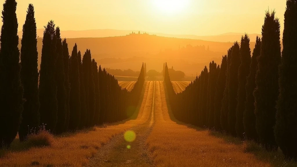 Goldene Stunde auf Zypressenallee mit Blick auf San Gimignano in der Toskana