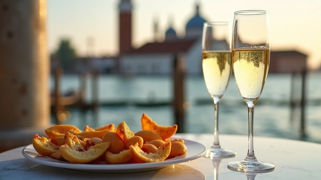 Traditionelle venezianische Cicchetti und Prosecco auf San Giorgio Maggiore mit Kirchenhintergrund
