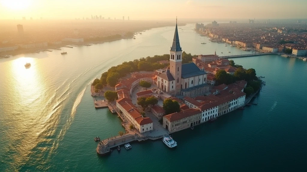 Luftaufnahme der Insel San Giorgio Maggiore in Venedig mit Kirche und Lagune zur goldenen Stunde