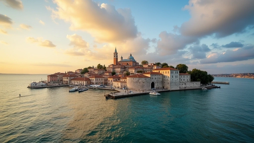 Panoramablick auf die Insel San Giorgio Maggiore in Venedig zur goldenen Stunde vom Wasser aus