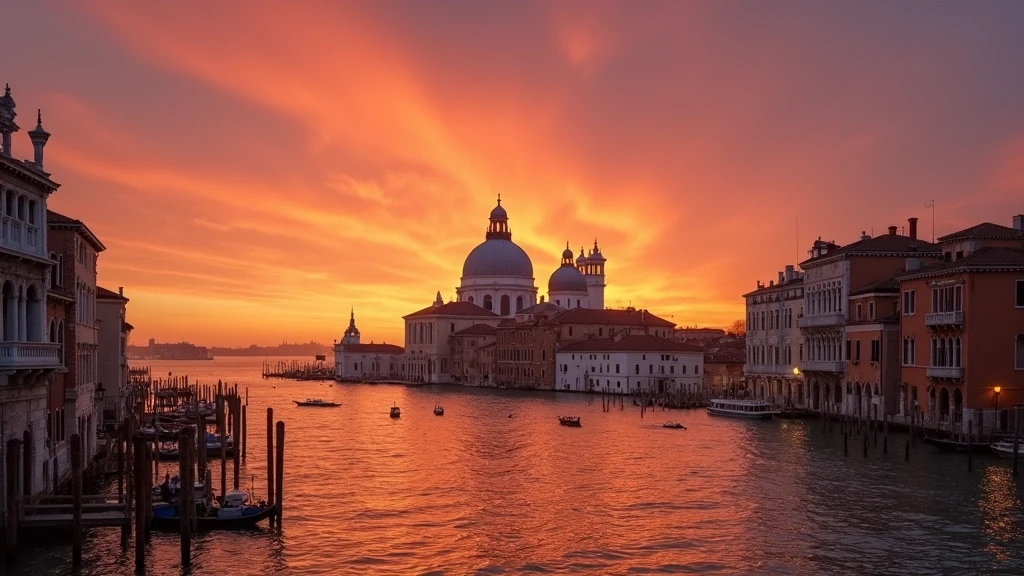 Sonnenuntergang ueber San Giorgio Maggiore in Venedig mit goldener Kirchenfassade und Lagunenspiegelung