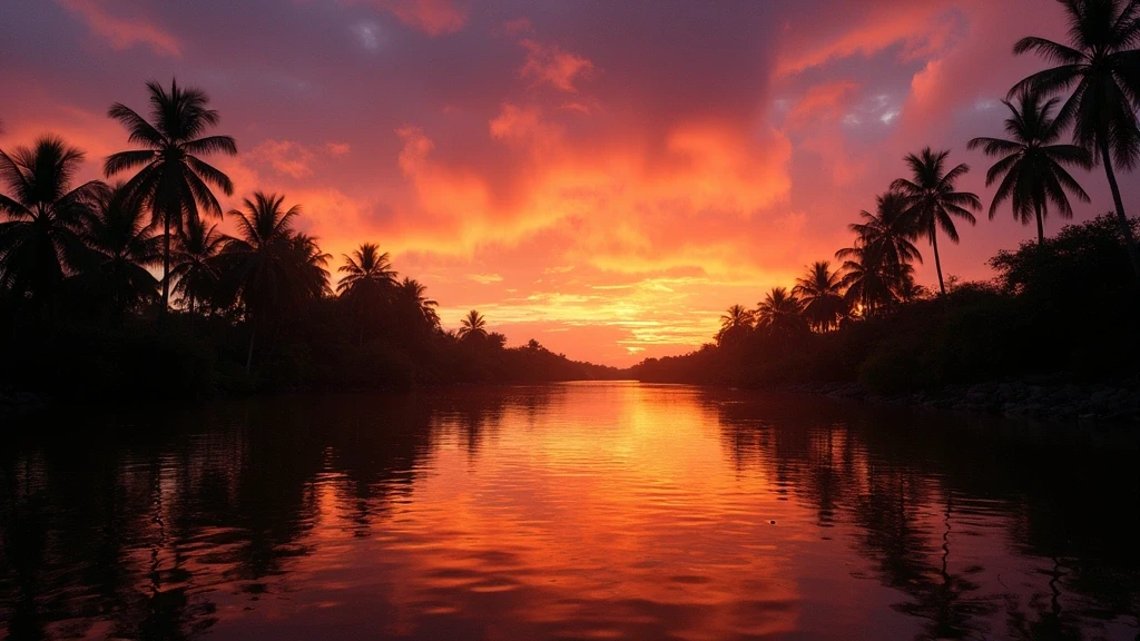 Sonnenuntergang am Guaviare Fluss in San José del Guaviare mit dramatischem Himmel und Palmen-Silhouetten