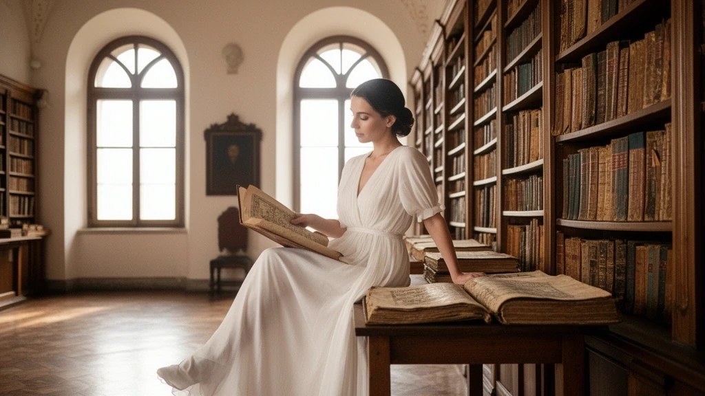 Elegante Frau liest historische armenische Manuskripte in der Bibliothek von San Lazzaro degli Armeni