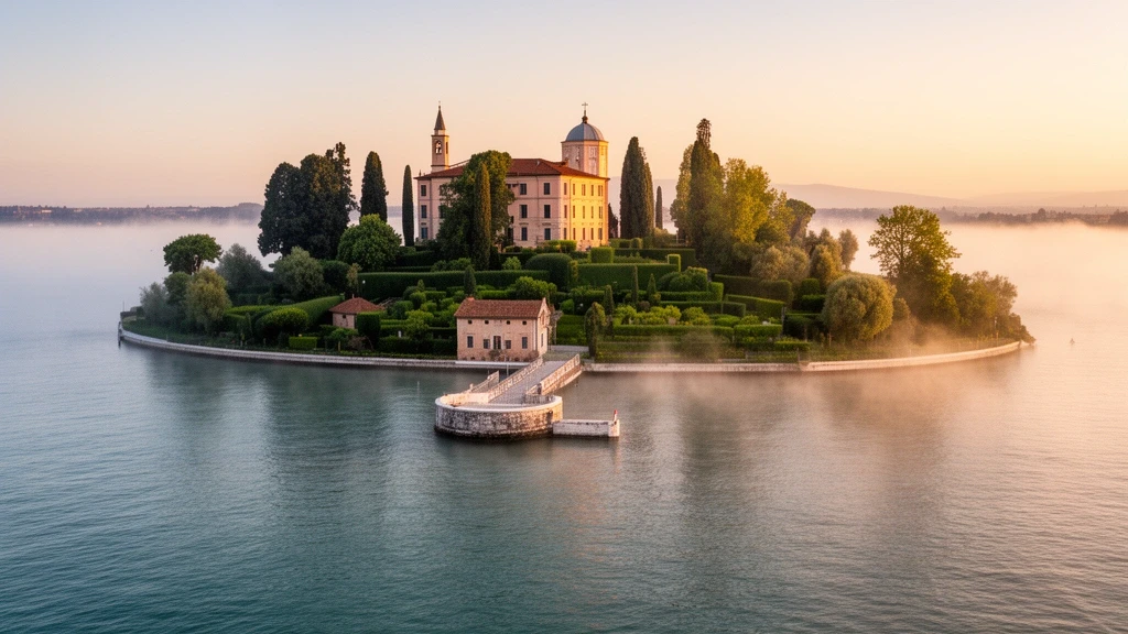 Panoramablick auf die armenische Klosterinsel San Lazzaro im Morgenlicht der venezianischen Lagune