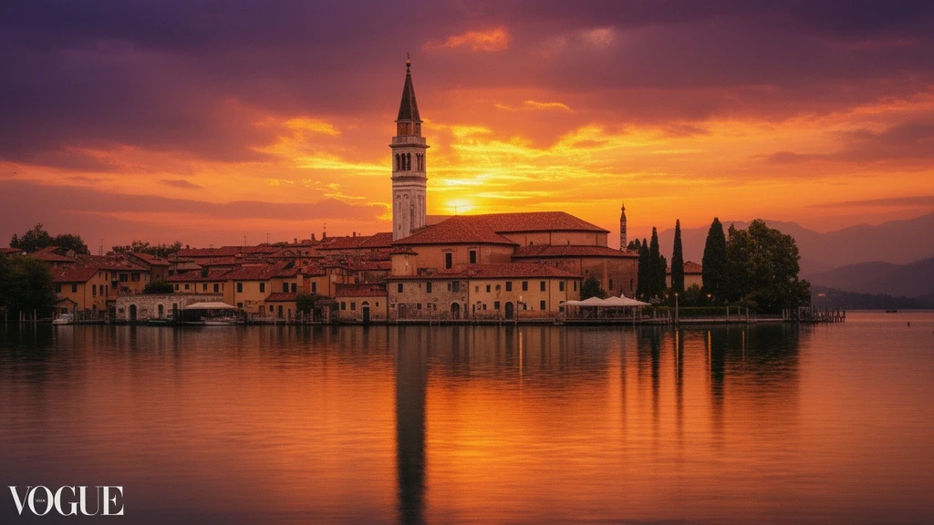 Sonnenuntergang ueber dem armenischen Kloster San Lazzaro in der venezianischen Lagune mit dramatischem Himmel
