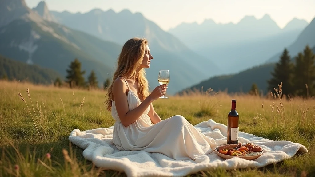 Elegante Frau geniesst Picknick mit Dolomiten-Blick in San Martino di Castrozza