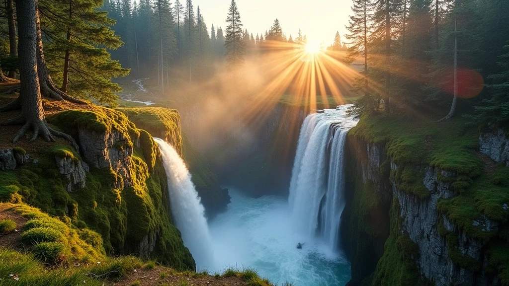 Goldene Stunde an den Vallesinella Wasserfaellen in San Martino di Castrozza, Dolomiten