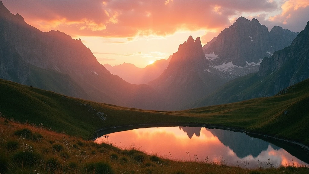 Sonnenuntergang ueber den Dolomiten bei San Michele mit Bergsee und alpinen Wiesen
